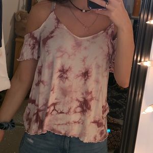 cold shoulder tie dye lettuce edge top